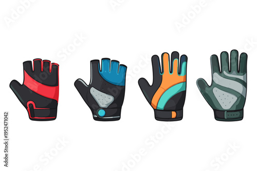 Collection of four colorful cycling and workout gloves on a white background