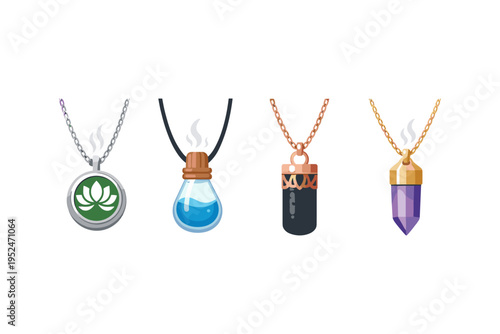 Collection of four fantasy amulets and magical pendants on chains