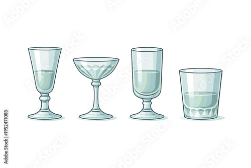 Collection of four distinct clear glass drinkware items with liquid inside