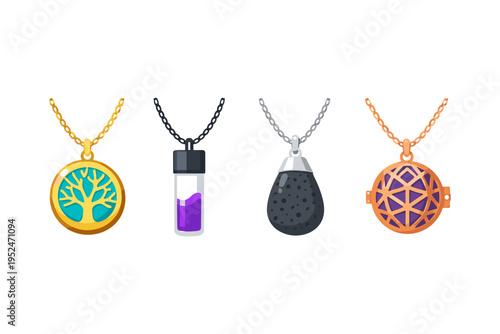 Collection of four unique necklaces with pendants on white background