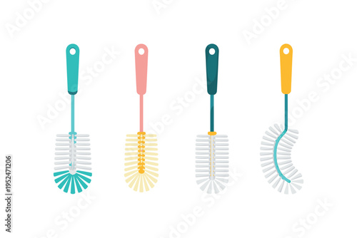 Set of four colorful toilet brushes with different shapes and bristles for cleaning