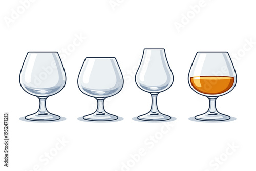 Four brandy glasses, three empty and one filled with amber liquid