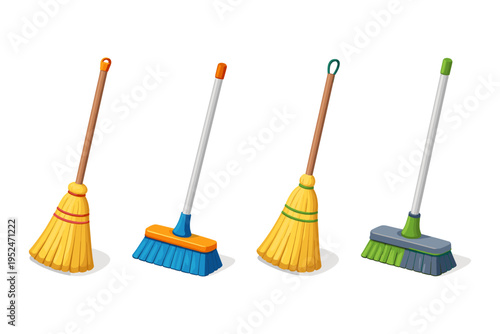 Collection of four colorful brooms and brushes for cleaning on a white background