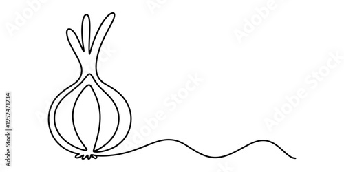 Single continuous line drawing of a fresh onion vegetable with sprouts and roots