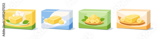 Assortment of butter packages with different designs and flavors, showcasing dairy products