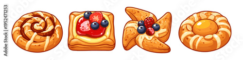 Assortment of delicious Danish pastries with fruit and glaze, illustrated