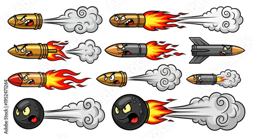 Angry Cartoon Bullets and Cannonball Flying Fast with Smoke and Fire