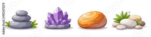 Collection of stylized natural elements: balanced stones, crystals, and plants
