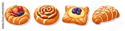 Assortment of delicious pastries including a danish, cinnamon roll, and croissant