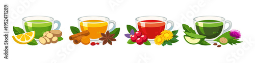 Collection of four herbal teas with natural ingredients and garnishes