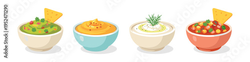 Four bowls of dips and chips, including guacamole, cheese dip, and salsa