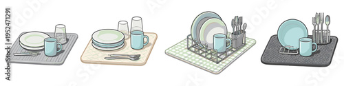 Collection of different dish drying racks with plates, glasses, mugs, and cutlery
