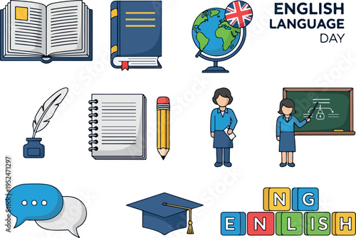 Collection of English language learning and education icons including books, globe, graduation cap, and speech bubbles