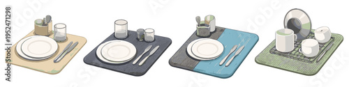 Four different table settings with plates, cutlery, glasses, and mugs
