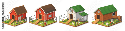Collection of four isometric chicken coops with chickens and fences on white background