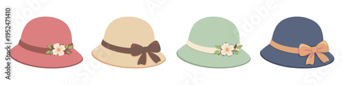 Collection of four vintage cloche hats in pastel colors with floral and ribbon embellishments