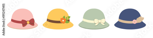 Collection of four vintage cloche hats in various colors and decorative elements