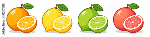 Collection of cartoon citrus fruits including orange, lemon, lime, and grapefruit