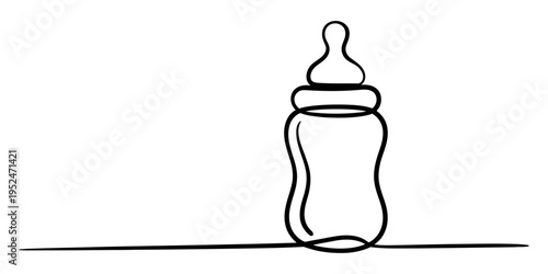 Continuous line drawing of a baby bottle for milk or formula on a white background.