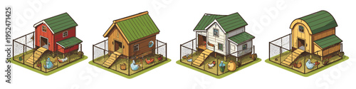 Collection of four diverse, colorful chicken coops with chickens inside fenced yards