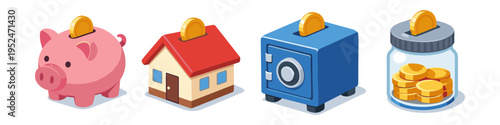 Piggy bank, house, safe, and jar collecting coins, symbolizing savings and financial growth