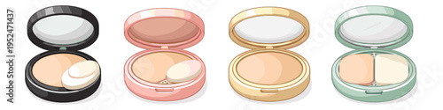 Assortment of colorful compact powder makeup cases with applicators and mirrors