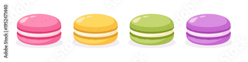 Four colorful macarons in a row, pink, yellow, green, and purple, isolated on white