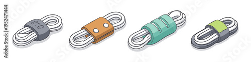 Collection of four neatly coiled white ropes with different colorful and grey fasteners