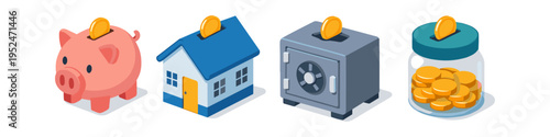 Piggy bank, house, safe, and jar filled with coins for saving money