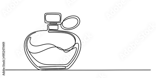 Continuous line drawing of a classic perfume bottle with a spray pump on a white background.