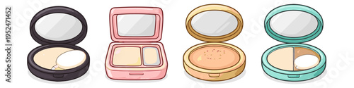 Collection of four colorful compact powder makeup containers with mirrors and applicators