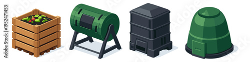 Various types of compost bins and tumblers for organic waste recycling and gardening