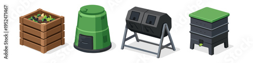 Various types of compost bins and tumblers shown in isometric view