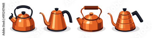 Collection of four stylized copper kettles with different spout and handle designs