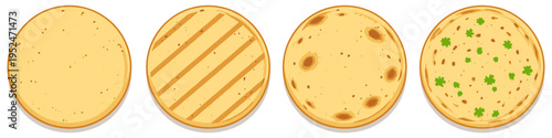 Four stages of cooking flatbreads, from plain to garnished, shown in a row