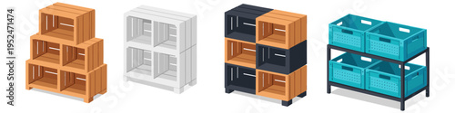 Collection of various storage crates and shelving units in isometric view
