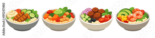 Four colorful bowls of healthy food with various ingredients like chicken, shrimp, and vegetables