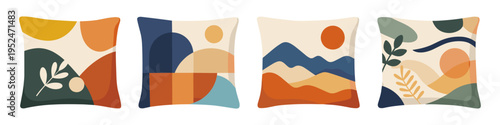 Set of four decorative throw pillows with abstract mid-century modern geometric designs