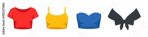 Collection of four different styles of crop tops and a bow tie accessory