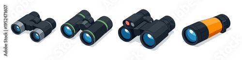 Collection of four different binoculars and a monocular in isometric view