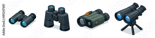 Collection of various binoculars and a spotting scope in isometric view