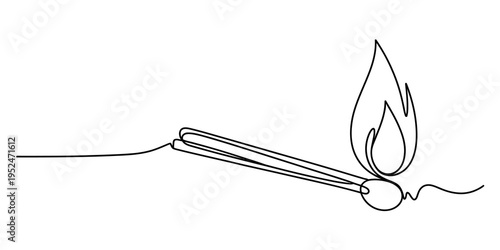 Continuous line drawing of a lit matchstick burning with a flame on a white background