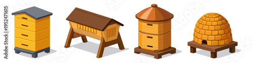 Collection of four diverse isometric beehive designs for apiary and beekeeping concepts