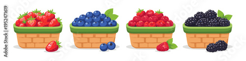 Four baskets overflowing with fresh strawberries, blueberries, raspberries, and blackberries
