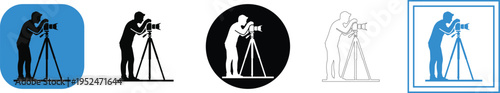 Vector graphic illustration of a man operating a camera on a tripod in various colors and shapes, showcasing different design styles and formats.