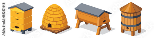 Collection of four different styles of beehives in isometric view on a white background