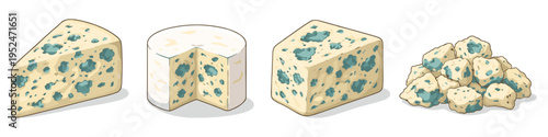 Assortment of blue cheese wedges, a wheel, and crumbled pieces on a white background