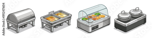 Collection of four different types of food warming and serving equipment for buffets