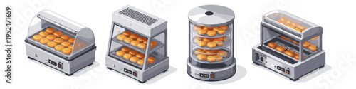 Collection of four isometric food warmers displaying golden brown donuts and pastries