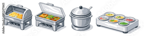 Collection of catering equipment for buffet service, including chafing dishes and serving bowls